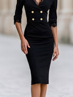 Lace Trim Double Button Pencil Midi Dress