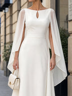 Keyhole-Neck Cape-Sleeve A-Line Midi Dress