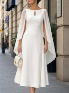 Keyhole-Neck Cape-Sleeve A-Line Midi Dress