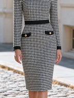 Office Formal Occasion Round Neck Houndstooth Midi Pencil Dress
