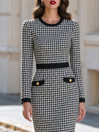 Office Formal Occasion Round Neck Houndstooth Midi Pencil Dress