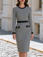 Office Formal Occasion Round Neck Houndstooth Midi Pencil Dress