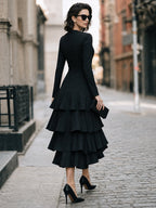 Elegant Long Sleeve Tiered Ruffle Midi Dress