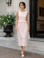 Elegant Pink Tweed Sleeveless Midi Dress