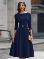 Belted Boat Neck A-Line Midi Dress