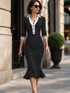 Polka Dot Contrast Collar Mermaid Midi Dress