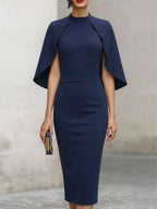 Elegant Navy Cape-Sleeve Midi Dress