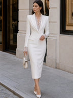 Peak Lapel Lace Insert V Neck Long Lace Cuff White Suit Midi Bodycon Dress