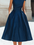 Bow Shoulder Pinstripe A-Line Midi Dress