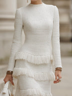 Ivory Tweed Fringe-Tiered Midi Dress