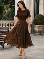 Ribbed Knit Ruffle-Sleeve Chiffon Midi Dress