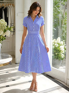 Striped Shirt Collar Fit-and-Flare Midi Dress