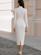 Peak Lapel Lace Insert V Neck Long Lace Cuff White Suit Midi Bodycon Dress