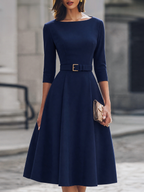 Belted Boat Neck A-Line Midi Dress