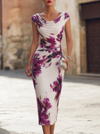 Draped Cowl Cap Sleeve Large Purple Flower Print Midi Dress