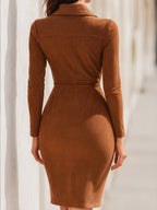 Caramel Brown Suede Zip-Up Dress