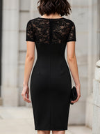 Asymmetric Lace Panel Ruched Sheath Midi Dress