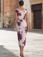 Draped Cowl Cap Sleeve Large Purple Flower Print Midi Dress