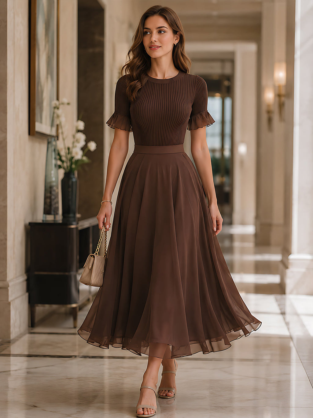 Ribbed Knit Ruffle-Sleeve Chiffon Midi Dress