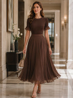 Ribbed Knit Ruffle-Sleeve Chiffon Midi Dress