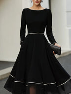 Long Sleeve Contrast Trim Midi Dress With Flared Skirt