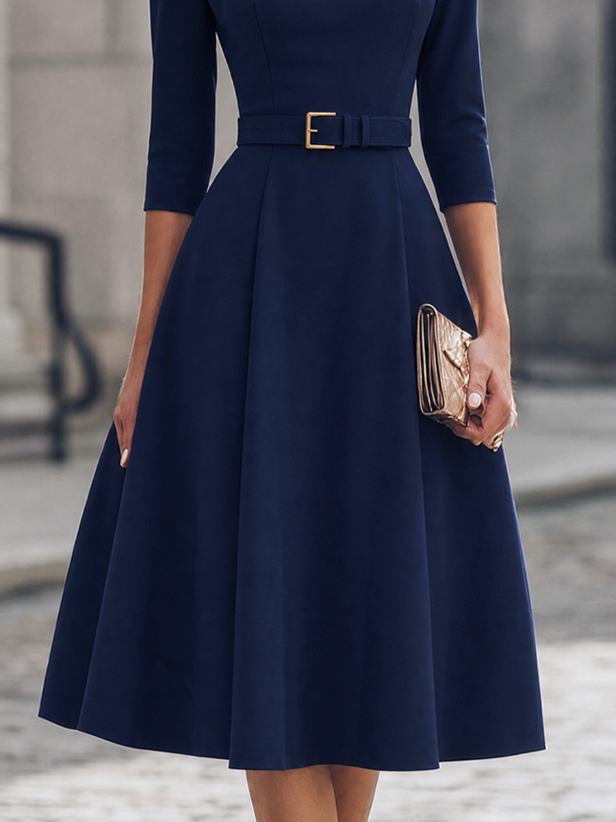 Belted Boat Neck A-Line Midi Dress