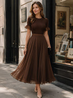 Ribbed Knit Ruffle-Sleeve Chiffon Midi Dress