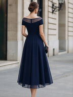 Off-Shoulder Illusion Mesh A-Line Midi Dress