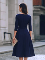 Belted Boat Neck A-Line Midi Dress