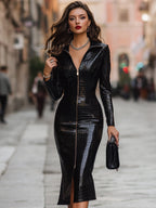 Glossy Croc-Effect Zip-Front Midi Dress