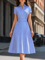 Striped Shirt Collar Fit-and-Flare Midi Dress