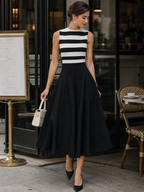 Chic Striped Sleeveless Midi Dress With Pockets