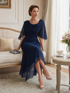 Cowl Drape Neck Ruched High Low Midi Dress