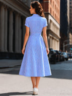 Striped Shirt Collar Fit-and-Flare Midi Dress