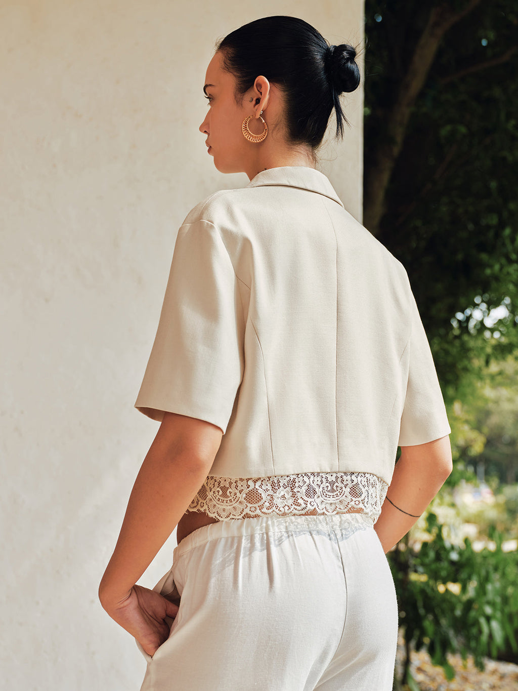 Double Breasted Lace Hem Short Sleeve Blazer