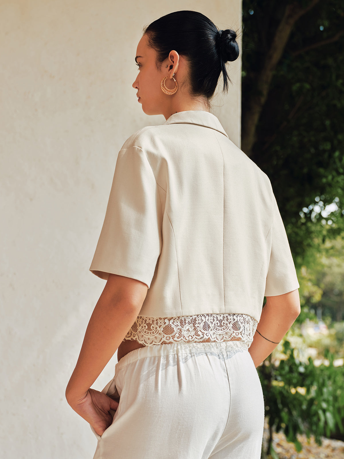Double Breasted Lace Hem Short Sleeve Blazer