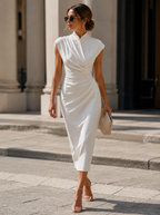 Asymmetric Draped High-Neck Sculpted Midi Dress