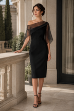 Sheer Overlay Asymmetrical One-Shoulder Midi Dress