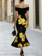 Off-Shoulder Ruched Yellow Lily Floral Mermaid Midi Dress