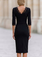 Lace Trim Double Button Pencil Midi Dress