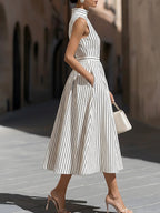 Elegant Pinstripe High Neck Sleeveless Fit & Flare Midi Dress