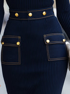 Navy Ribbed Knit Dress With Gold-Tone Button Denim Pocket Details
