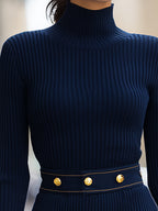 Navy Ribbed Knit Dress With Gold-Tone Button Denim Pocket Details