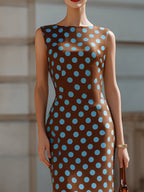 Brown & Light Blue Polka Dot Sleeveless Sheath Midi Dress