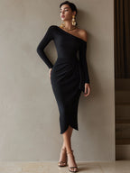 Black One-Shoulder Draped Bodycon Midi Dress