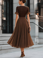 Ribbed Knit Ruffle-Sleeve Chiffon Midi Dress