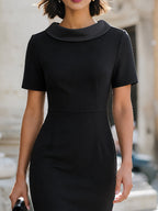 Black Satin Collar Short-Sleeve Sheath Midi Dress